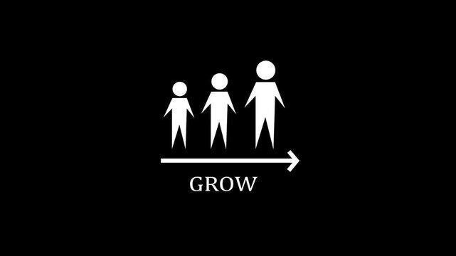 Minimalist white line animation of a human growth graph chart with "GROW" typography isolated on a black background loop-able info-graphic footage for corporate business success concepts.