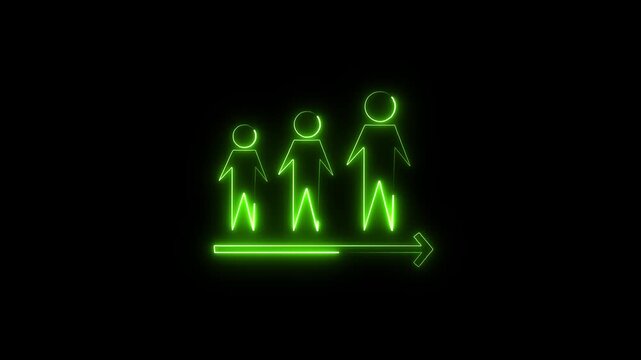 Glowing green neon line animation of three people figures growing in size with an arrow below isolated on a black background loop-able footage for business growth, human resources,