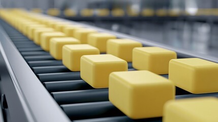 Fototapeta premium Yellow, rounded rectangular objects progressing in a long line on a factory conveyor belt system, representing concepts of manufacturing, mass production, automation, and industrial technology