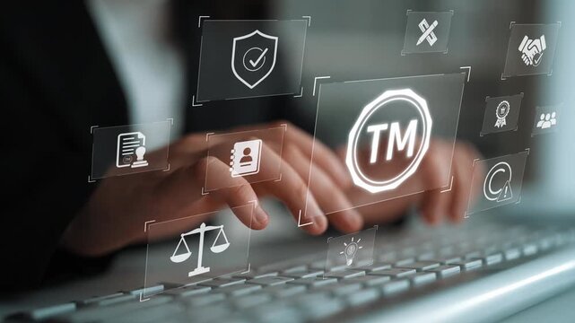 Trademark protection and legal compliance with TM icon, copyright law, patent check, intellectual property rights, and branding regulation enforcement Marrow
