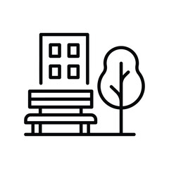 Fototapeta premium Public park bench icon situated in front of a modern residential building silhouette with furniture