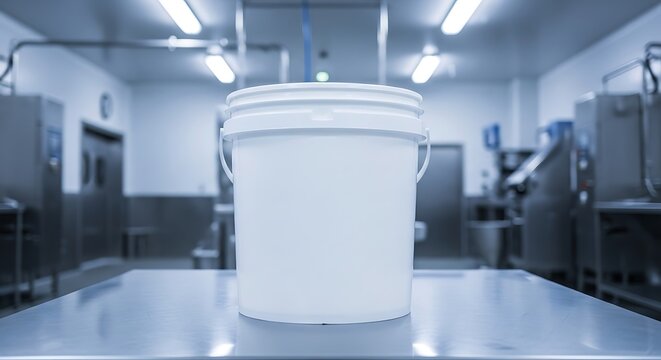 Empty white plastic bucket standing on a metal table inside a clean industrial food processing plant. 5 gallon bucket