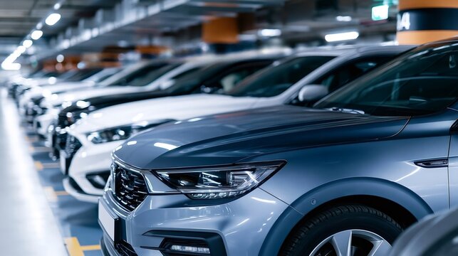 Row of modern cars parked in a dim, concrete multi story underground garage, highlighting urban mobility, automotive ownership, and industrial parking architecture at night