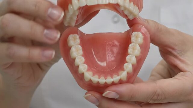 Close-up hands hold and demonstrate a full removable dental prosthesis of the upper and lower jaw. The doctor opens and closes the artificial tooth model