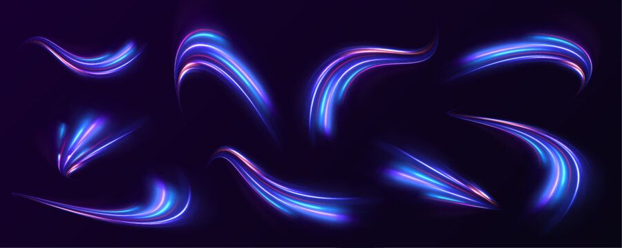Curving and swirling dynamic abstract glowing neon blue light trails set on dark spacious environment. Electricity laser line motion merge. Speed defines the luminous urban path. Vector illustration.