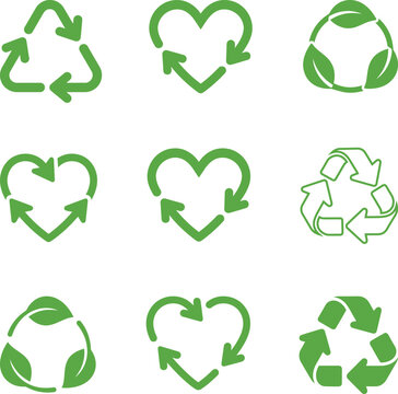 Collection of eco friendly recycling symbols and logos in green