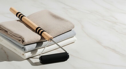 Naklejka premium Minimalist home fitness equipment featuring an exercizing gymstick with a wooden bar and black foam grips resting on a stack of neutral colored yoga mats and towels.