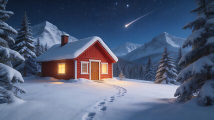Fototapeta premium Snowy cabin under starry sky emphasizing natural beauty and pristine environments