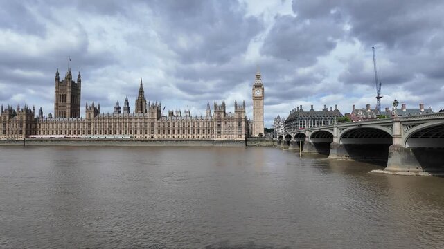 Looking across the River Thames to the Houses of Parliament. The Palace of Westminster is in the centre of the shot, with the Elizabeth Tower housing Big Ben to to the right.