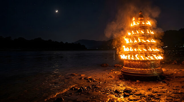 Ganga dussehra celebration with a burning ritual lamp by the river