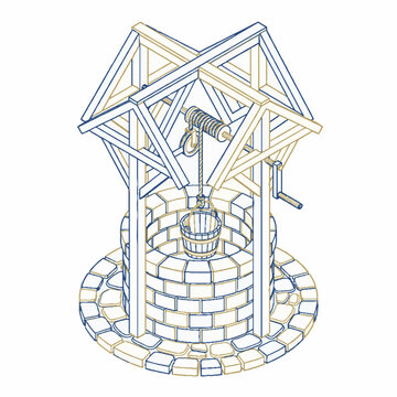 Isometric line drawing of a traditional stone and wood wishing well with a bucket.