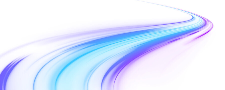 Dynamic speed blue and purple neon streaks swirl across city highways. Abstract digital lines illustration in vector PNG. 