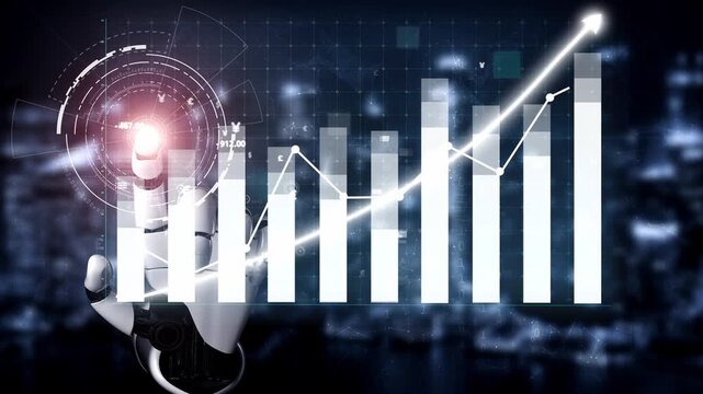A futuristic robotic hand interacts with vibrant data graphs and digital charts, emphasizing innovation in technology, finance, and data analysis in a modern setting. Copula