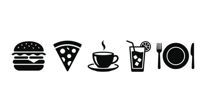 Food And Beverage Icons Black Silhouette Set On White Background
