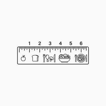 Healthy eating portion ruler infographic showing balanced nutrition guidelines for daily meal planning featuring various food groups icons on numbered scale for diet control and food education.
