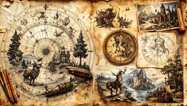 Circular map shows constellations and stars with detailed illustrations of nature, animals, and buildings on aged paper background