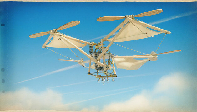 Tudor era flying machine made of balsa wood and silk sails powered by wooden propellers in the sky
