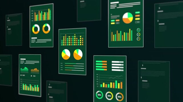 High tech green corporate dashboard tracking key performance indicators, financial analytics, and profit metrics.
