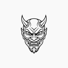 Fototapeta premium Japanese hannya mask silhouette featuring angry facial expression with sharp horns and teeth isolated on white background for mystical folklore concepts stylized graphic portrait line art icon.