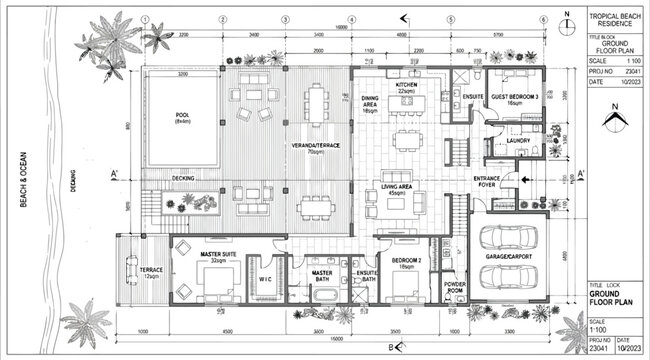 Ground floor architectural plan of a luxury beach house with pool and terrace