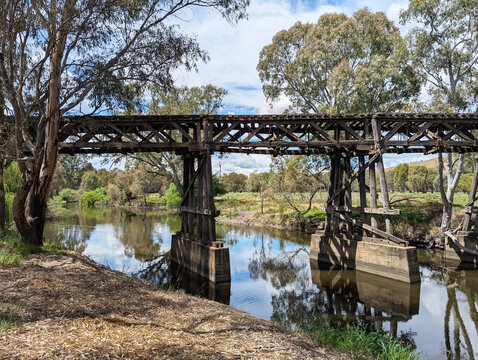 The historic old trestle bridge in Sheridan Lane which crosses Morleys Creek in Gundagai, New South Wales, Australia.