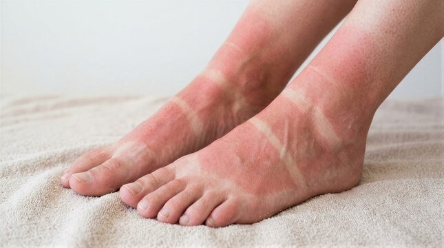 Woman feet with red skin burn marks after sun exposure. Sunburn injury on ankle and foot skin due to UV radiation impact. Protection from summer sun, skincare and health care concept.