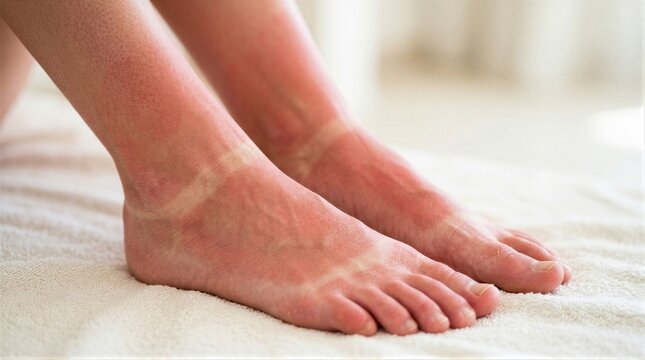 Woman feet with severe sunburn after long exposure to sun. Red inflamed skin on legs caused by heat injury. Protection from ultraviolet radiation and healthcare treatment concept.