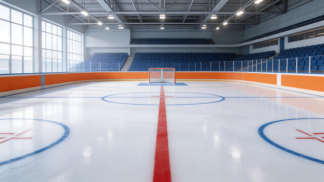 Empty indoor ice hockey rink ideal for travel vlogs and eco-friendly campaigns