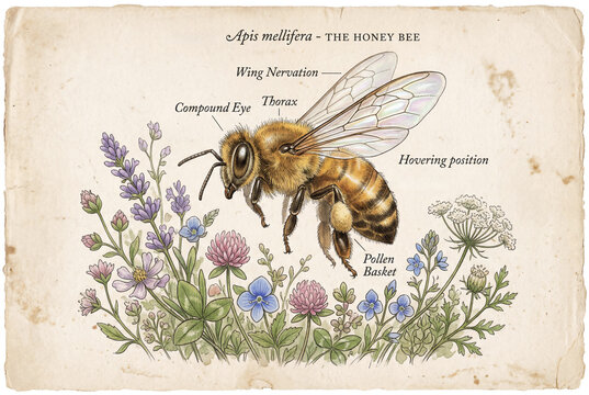 Vintage honey bee anatomy diagram chart with scientific label text on aged parchment background with wildflower for botanical textbook illustration or eco education poster design
