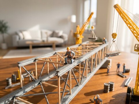 Model construction site with toy crane.