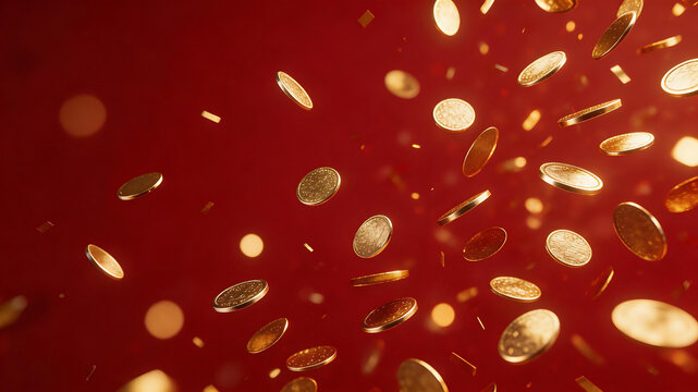 Golden coins falling against red background highlighting geometric patterns and contemporary art