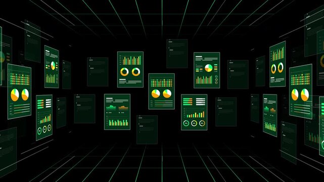 Full perspective digital tunnel tracking various corporate finance charts, market data, and investment metrics.