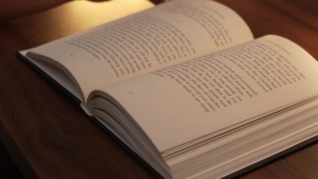 A woman's hand turns pages of an open book resting on a dark wooden table, bathed in warm golden lamp light, creating a cozy intimate reading atmosphere with soft bokeh in the background.