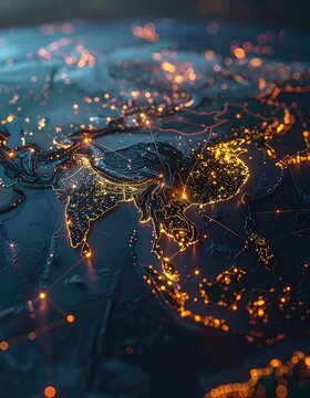 Aerial View of East Asia Illuminated by City Lights at Night.