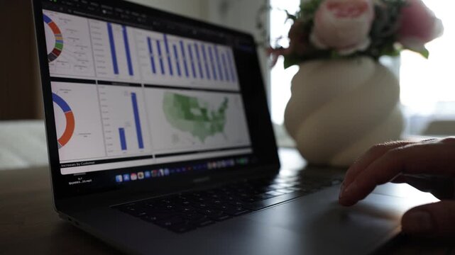 Close-up view of a laptop displaying a business analytics dashboard with statistics, pie charts, and country map. Hands type on the keyboard while using the mouse to click and scrolling.