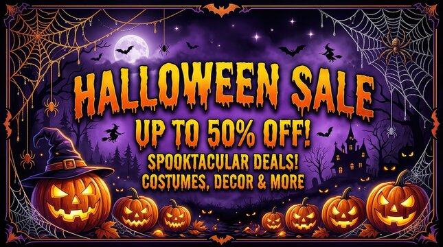 Halloween Sale Banner with Pumpkins and Spooky Collar Deals Discount Poster in Dark Purple Glow
