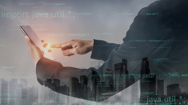 A business professional interacts with a mobile device in an urban setting, surrounded by coding elements to represent innovation and technology in the modern workplace. Xenic