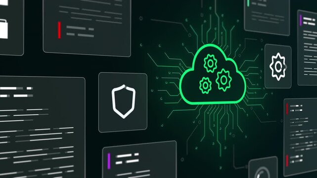 Animated green digital interface showing cloud computing storage icon with data processing and security elements.