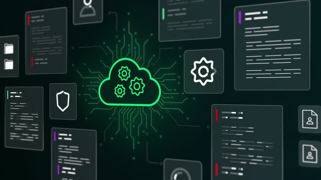 High tech green interface displaying a cloud server database icon surrounded by secure cyber network panels.