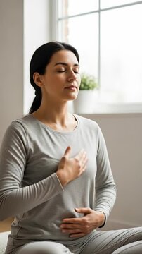 Woman practicing deep breathing for heart health, promoting cardiovascular wellness and prevention of heart disease, fostering inner peace through mindful treatment