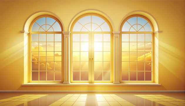 Sunlight through large arched windows indoors.