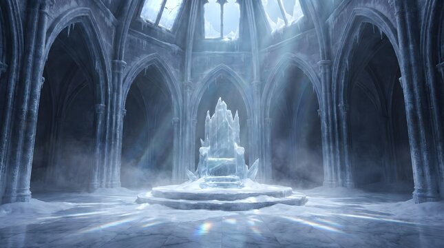 Majestic Crystalline Throne in a Frozen Grand Hall, Bathed in Ethereal Light &ndash; A Fantasy Winter Palace Interior
