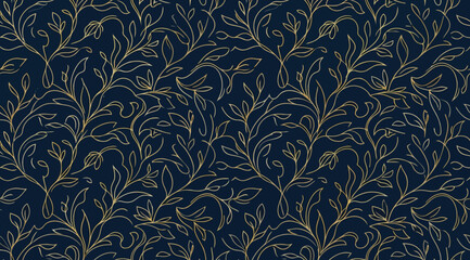 Elegant seamless pattern with golden handdrawn leaves and vines on dark blue background © S.Siam