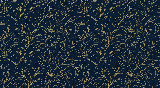 Elegant seamless pattern with golden handdrawn leaves and vines on dark blue background