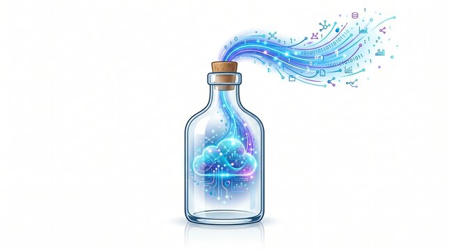Digital cloud computing data flow inside a glass bottle
