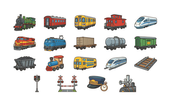 Vintage and Modern Train Railway Transport Icon Set