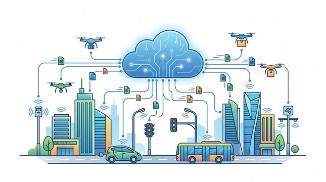 Smart city cloud network with drones and traffic illustration
