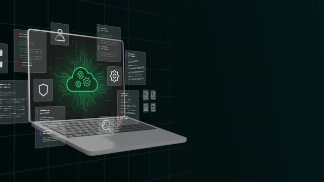 Open laptop showing glowing green cloud computing network graphic and floating server UI database panels.