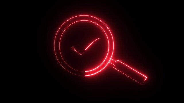 A digital illustration of a neon red magnifying glass icon on a black background.