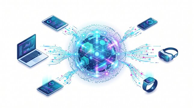 Digital devices connected to a central data network globe